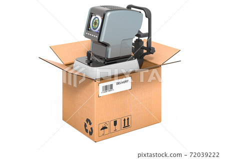 Auto refractometer inside cardboard box, delivery concept. 3D rendering 72039222