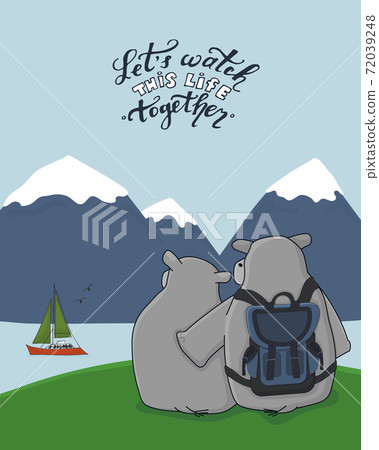 Couple of hippos are on green field in mountains near the river. Lets watch this life together text with birds is in the sky. Yacht is in the water. Blue traveler backpack is on animal back. Couple of hippos are on green field in mountains near the river. Lets watch this life together text with birds is in the sky. Yacht is in the water. Blue traveler backpack is on animal back. 72039248