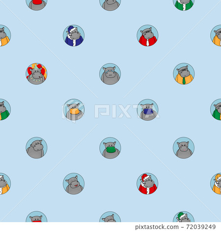 Blue seamless pattern of different hippos. Happy, sad, angry, in love, female with lipstick, Santa hippopotamus, Happy Birthday, office clerk in shirt and tie, in mask, depression crying animal 72039249