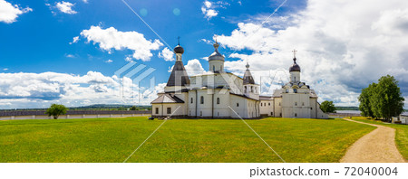 Panaramic view to ancient Ferapontov Belozersky male monastery of XV century. Complex of temples Located on the shore of the Borodaevsky Lake. Russian Orthodox Church. Kirillov. Vologda Region. Russia 72040004