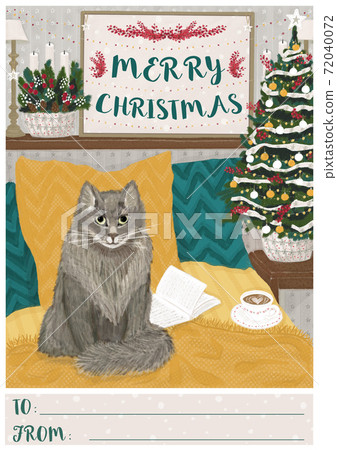 Greeting Christmas card with cat. New year postcard, cute flat and winter holidays. Greeting Christmas card with cat. New year postcard, cute flat and winter holidays. 72040072