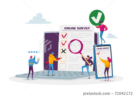 Online Survey Concept. Tiny Male and Female Characters Filling Digital Form on Huge Laptop and Smartphone Application Online Survey Concept. Tiny Male and Female Characters Filling Digital Form on Huge Laptop and Smartphone Application 72042172