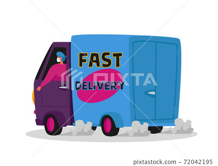 Courier Character Delivering Food Products to Customer on Car. Express Delivery Service during Coronavirus Pandemic Courier Character Delivering Food Products to Customer on Car. Express Delivery Service during Coronavirus Pandemic 72042195