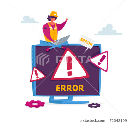 Tiny Female Character in Worker Uniform Sit on Huge Pc Monitor with System Error Warning on Screen. Professional Help Tiny Female Character in Worker Uniform Sit on Huge Pc Monitor with System Error Warning on Screen. Professional Help 72042199