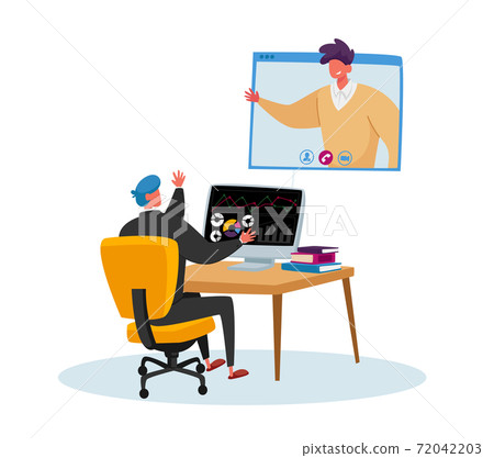 Office Worker Sit at Desk Chatting with Coworker via Webcam Conference on Computer Screen. Business Man Video Call 72042203