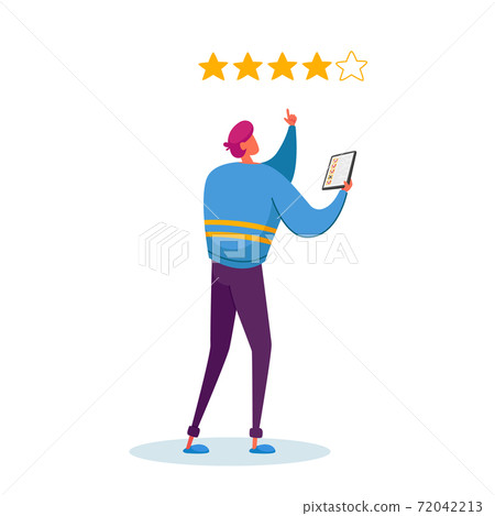 Male Character with Smartphone in Hands Put Gold Rating Stars in App. Customer Leaving Feedback, Ranking Evaluation Male Character with Smartphone in Hands Put Gold Rating Stars in App. Customer Leaving Feedback, Ranking Evaluation 72042213
