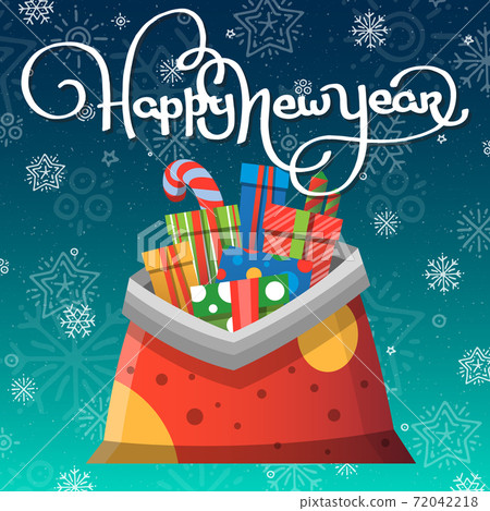 New Year russian greeting card with cartoon Father Frost bag New Year russian greeting card with cartoon Father Frost bag 72042218