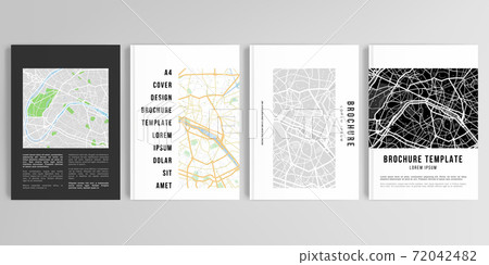 Realistic vector layouts of cover mockup design templates in A4 format with urban city map of Paris for brochure, cover design, flyer, book design, magazine, poster. Realistic vector layouts of cover mockup design templates in A4 format with urban city map of Paris for brochure, cover design, flyer, book design, magazine, poster. 72042482