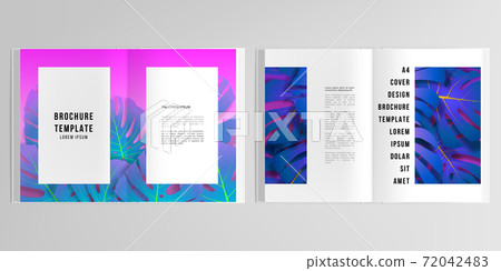 3d realistic vector layout of cover mockup design templates for A4 bifold brochure, flyer, cover design, book. Tropical palm leaves, shadow of tropical jungle leaves. Floral pattern backgrounds. 72042483