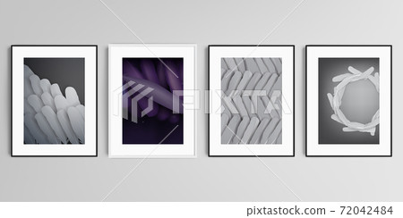 Realistic vector set of picture frames in A4 format isolated on gray background. Feathers, birds plumage in abstract style. Graphic pattern. Vector illustration design. Realistic vector set of picture frames in A4 format isolated on gray background. Feathers, birds plumage in abstract style. Graphic pattern. Vector illustration design. 72042484