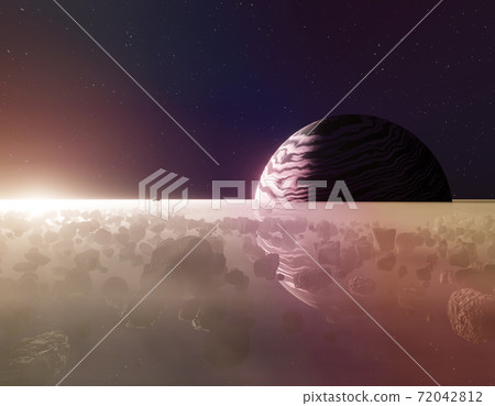 Planet Saturn or Jupiter close-up with meteorites ring and sun in haze, 3d illustration 72042812