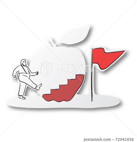 Vector black line hand drawn of fat man walking up stairs to red flag on apple shape cut paper with shadow isolated on white background. Paper art. Vector black line hand drawn of fat man walking up stairs to red flag on apple shape cut paper with shadow isolated on white background. Paper art. 72042856
