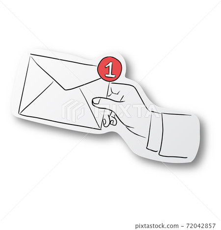 Vector black line hand drawn of hand of businessman holding envelope with red nofitication on cut paper with shadow isolated on white background. Paper art. 72042857