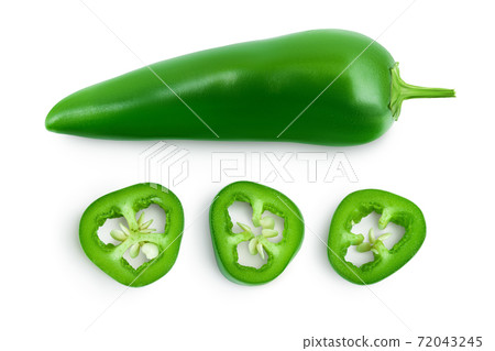 jalapeno peppers isolated on white background. Green chili pepper with clipping path and full depth of field. Top view. Flat lay jalapeno peppers isolated on white background. Green chili pepper with clipping path and full depth of field. Top view. Flat lay 72043245