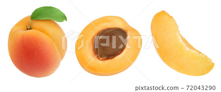 apricot fruit with half and slice isolated on white background. . Top view. Flat lay apricot fruit with half and slice isolated on white background. . Top view. Flat lay 72043290