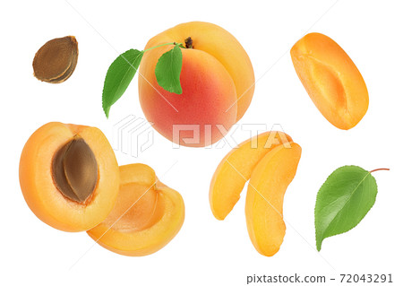 apricot fruit with half and slices isolated on white background. Top view. Flat lay 72043291