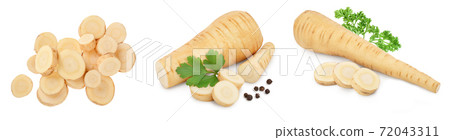 Parsnip root and slices with parsley isolated on white background closeup, Set or collection 72043311