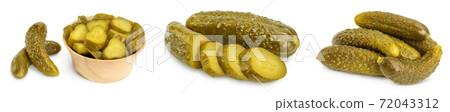 Marinated pickled cucumber isolated on white background with full depth of field. Set or collection Marinated pickled cucumber isolated on white background with full depth of field. Set or collection 72043312