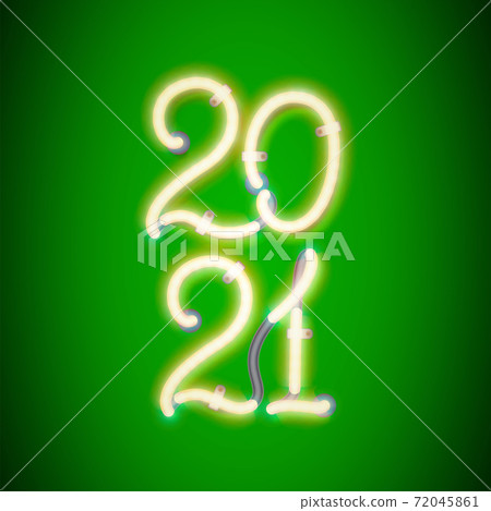 Glowing neon sign 2021 with wires, tubes and brackets. Vector element for New Year card, logo, calendar or other design. 72045861