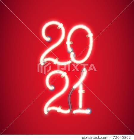 Glowing neon sign 2021 with wires, tubes and brackets. Vector element for New Year card, logo, calendar or other design. 72045862