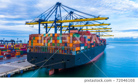 Aerial view port shipping, Container ship at port with crane port, Container ship carrying container import and export business logistic and transportation, Cargo freight shipping import export Aerial view port shipping, Container ship at port with crane port, Container ship carrying container import and export business logistic and transportation, Cargo freight shipping import export 72046108