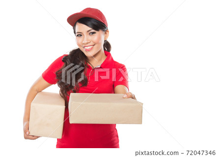 Female delivery service happily delivering package to costumer Female delivery service happily delivering package to costumer 72047346