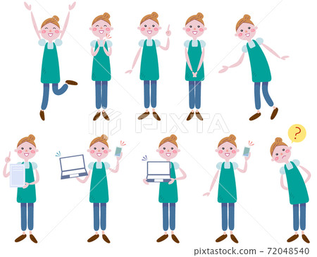 Illustration of various facial expressions of a woman wearing an apron 72048540