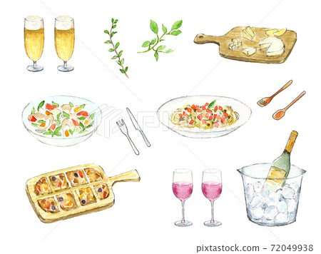 Home party wine, beer and food hand-painted watercolor illustration set 72049938