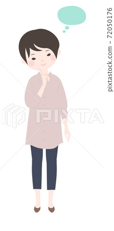 用食指在下巴上思考的年輕女子的全身[無主線] 72050176