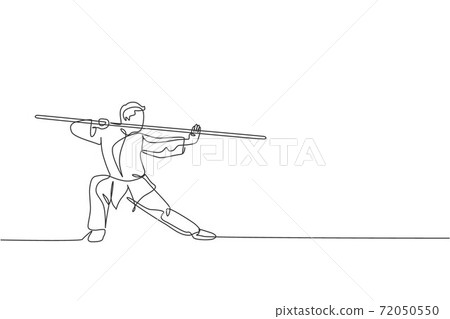 One continuous line drawing of young wushu master man, kung fu warrior in kimono with long staff on training. Martial art sport contest concept. Dynamic single line draw design vector illustration One continuous line drawing of young wushu master man, kung fu warrior in kimono with long staff on training. Martial art sport contest concept. Dynamic single line draw design vector illustration 72050550