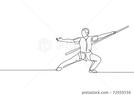 Single continuous line drawing of young man wushu fighter, kung fu master in uniform training with long staff at dojo center. Fighting contest concept. Trendy one line draw design vector illustration Single continuous line drawing of young man wushu fighter, kung fu master in uniform training with long staff at dojo center. Fighting contest concept. Trendy one line draw design vector illustration 72050556