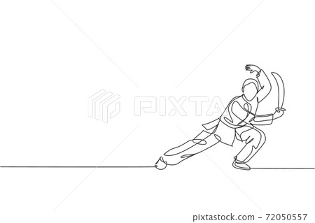 One continuous line drawing of young wushu master man, kung fu warrior in kimono with sword on training. Martial art sport contest concept. Dynamic single line draw design vector graphic illustration One continuous line drawing of young wushu master man, kung fu warrior in kimono with sword on training. Martial art sport contest concept. Dynamic single line draw design vector graphic illustration 72050557