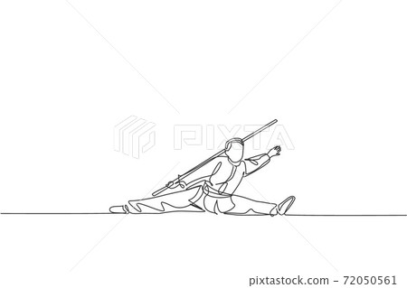 One continuous line drawing of wushu master man, kung fu warrior in kimono with long stick staff on training. Martial art sport contest concept. Dynamic single line draw design vector illustration One continuous line drawing of wushu master man, kung fu warrior in kimono with long stick staff on training. Martial art sport contest concept. Dynamic single line draw design vector illustration 72050561