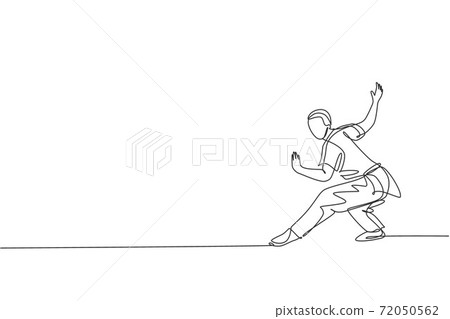 Single continuous line drawing young man wushu fighter, kung fu master in uniform training stance pose at dojo center. Fighting contest concept. Trendy one line draw design vector graphic illustration Single continuous line drawing young man wushu fighter, kung fu master in uniform training stance pose at dojo center. Fighting contest concept. Trendy one line draw design vector graphic illustration 72050562