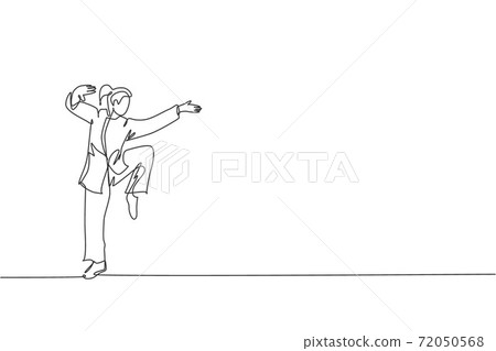 One continuous line drawing young wushu master woman, kung fu warrior in kimono pose stance balance on training. Martial art sport contest concept. Single line draw graphic design vector illustration One continuous line drawing young wushu master woman, kung fu warrior in kimono pose stance balance on training. Martial art sport contest concept. Single line draw graphic design vector illustration 72050568