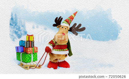 Watercolor Christmas moose with gifts on the sleigh Watercolor Christmas moose with gifts on the sleigh 72050626