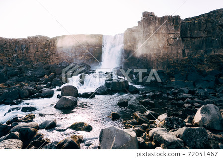 Ehsaraurfoss Falls on the Ehsarau River, the Silfra Fault, the Tingwedlire Valley in Iceland. 72051467