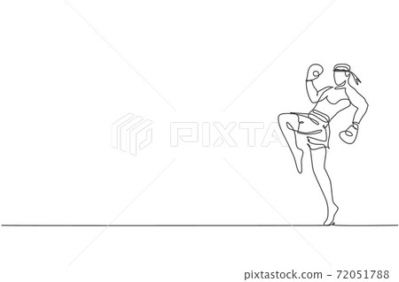 One continuous line drawing of young sporty muay thai boxer man preparing to fight, stance kick at box arena. Fighting sport game concept. Dynamic single line draw design graphic vector illustration One continuous line drawing of young sporty muay thai boxer man preparing to fight, stance kick at box arena. Fighting sport game concept. Dynamic single line draw design graphic vector illustration 72051788
