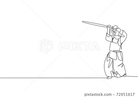 One continuous line drawing of young sporty man training kendo defense skill in dojo center. Healthy fighting martial art sport concept. Dynamic single line draw design vector graphic illustration 72051817
