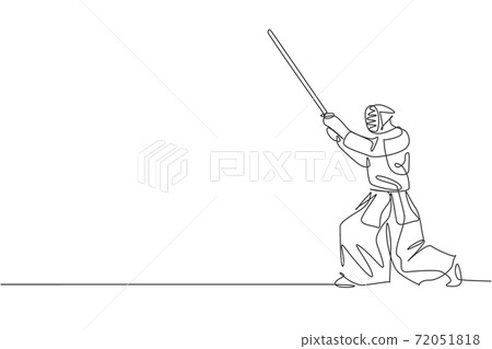 One continuous line drawing young sporty man train blocking enemy attack on kendo skill at dojo center. Healthy martial art sport concept. Dynamic single line draw graphic design vector illustration 72051818