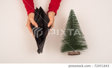 A woman is holding an empty purse next to a small artificial Christmas tree. The financial crisis during the holidays 72051843