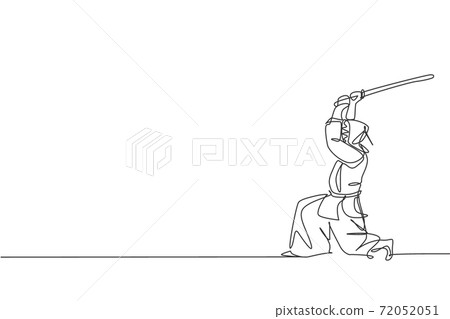 One continuous line drawing of young sporty man training kendo attack fighting skill in dojo center. Healthy martial art sport concept. Dynamic single line draw graphic design vector illustration 72052051
