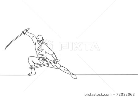 One continuous line drawing of young brave Japanese ninja character on black costume with attacking position. Martial art fighting concept. Dynamic single line draw design vector graphic illustration One continuous line drawing of young brave Japanese ninja character on black costume with attacking position. Martial art fighting concept. Dynamic single line draw design vector graphic illustration 72052068