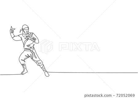 One single line drawing of young energetic Japanese traditional ninja holding star shuriken on attack pose vector illustration. Combative martial art sport concept. Modern continuous line draw design One single line drawing of young energetic Japanese traditional ninja holding star shuriken on attack pose vector illustration. Combative martial art sport concept. Modern continuous line draw design 72052069