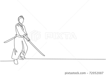 Single continuous line drawing of young strong samurai warrior wearing traditional uniform holding sword at festival. Ancient fighter soldier concept. Trendy one line draw design vector illustration Single continuous line drawing of young strong samurai warrior wearing traditional uniform holding sword at festival. Ancient fighter soldier concept. Trendy one line draw design vector illustration 72052087