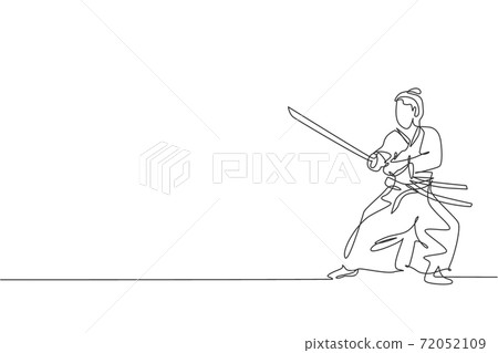 Single continuous line drawing of young strong samurai warrior wearing traditional uniform holding sword at festival. Ancient fighter soldier concept. Trendy one line draw design vector illustration Single continuous line drawing of young strong samurai warrior wearing traditional uniform holding sword at festival. Ancient fighter soldier concept. Trendy one line draw design vector illustration 72052109