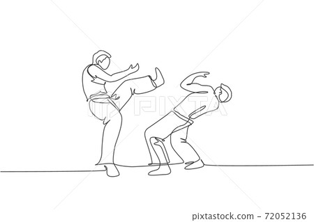 One single line drawing of two young energetic man capoeira dancers perform dancing fight vector illustration. Traditional martial art lifestyle sport concept. Modern continuous line draw design One single line drawing of two young energetic man capoeira dancers perform dancing fight vector illustration. Traditional martial art lifestyle sport concept. Modern continuous line draw design 72052136