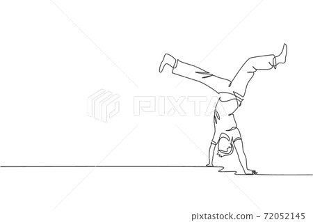 Single continuous line drawing of young sportive man practice Brazilian capoeira move dance at outdoor street. Culture martial art and sport concept. Trendy one line draw design vector illustration Single continuous line drawing of young sportive man practice Brazilian capoeira move dance at outdoor street. Culture martial art and sport concept. Trendy one line draw design vector illustration 72052145