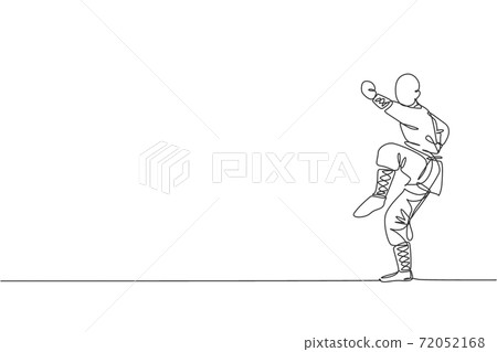 Single continuous line drawing young muscular shaolin monk man train martial art at shaolin temple. Traditional Chinese kung fu fight concept. Trendy one line draw graphic design vector illustration Single continuous line drawing young muscular shaolin monk man train martial art at shaolin temple. Traditional Chinese kung fu fight concept. Trendy one line draw graphic design vector illustration 72052168