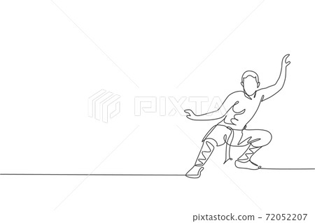 One continuous line drawing of young shaolin monk man practice kung fu style at temple ground . Traditional Chinese combative sport concept. Dynamic single line draw design vector illustration graphic 72052207